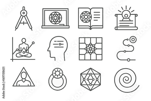 Sacred Geometry Symbols. Line style icons of teacher and learning symbols in sacred geometry: geometry compass, chalkboard mandala