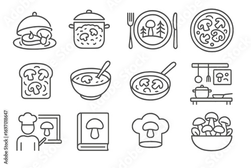 Line Style Mushroom Icons. Line style icons of cooking with wild mushrooms: gourmet meal icon, risotto pot, forest-to-table plate,