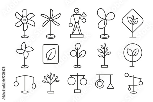 Sustainable Kinetic Art Icons. Line style icons of sustainable kinetic art: upcycled rotor icon, solar-powered spinner, reused