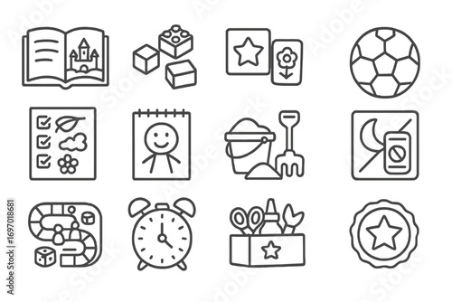 Kids' Digital Detox Tools. Line style icons of kids’ digital detox tools: paper storybook, toy building blocks, analog memory game