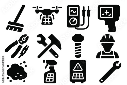 Solar Maintenance Icons. Solid style icons of solar maintenance and tools: cleaning brush, solar inspection drone, voltmeter,