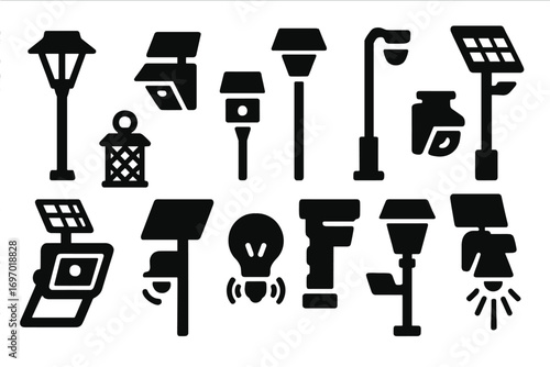 Solar Lighting Icons. Solid style icons of solar lighting: solar garden lamp, wall-mounted solar light, pathway light, solar pole