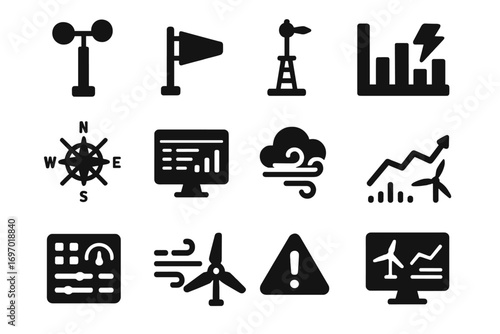 Wind Data Icons. Solid style icons of wind data and monitoring: wind speed meter, wind direction icon, weather station, energy