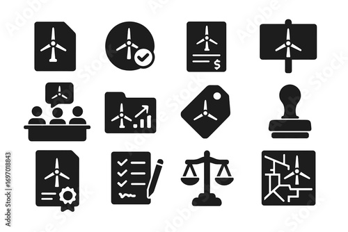 Wind Policy Icons. Solid style icons of wind policies and permits: turbine permit file, environmental approval icon, land lease