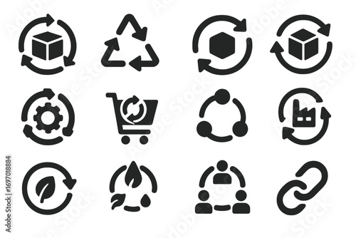 Circular Economy Icons. Solid style icons of circular economy: product loop icon, reuse process symbol, closed loop recycling,