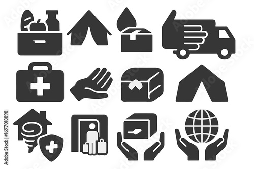 Humanitarian Aid Icons. Solid style icons of humanitarian aid: food package, emergency shelter, water drop with box, medical kit,