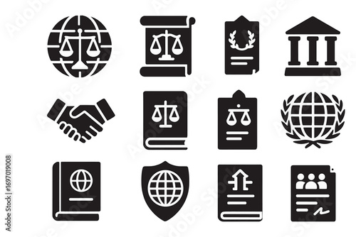 International Law Icons. Solid style icons of international law: globe with scale, treaty scroll, UN law document, cross-border