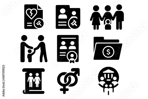 Family Law Icons. Solid style icons of family law: divorce paper, custody file, child support document, parenting agreement,