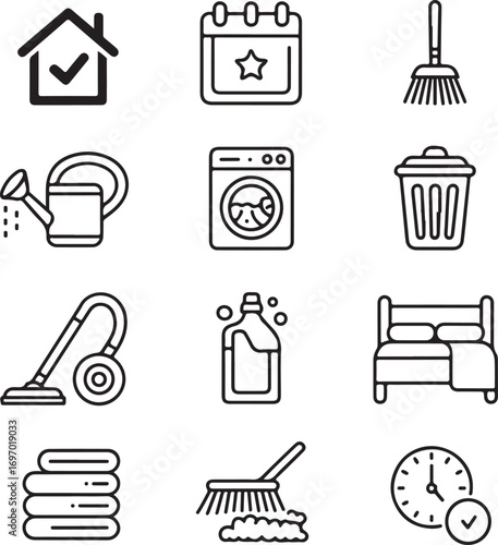 Set of black and white icons representing household chores and cleaning supplies checkmark calendar