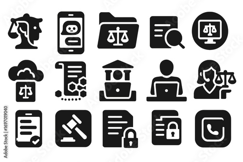 Modern Legal Tech Icons. Solid style icons of modern legal tech: AI justice symbol, legal chatbot screen, digital case folder,