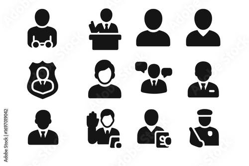 Courtroom Icons Collection. Solid style icons of court participants: defendant figure, plaintiff icon, lawyer presenting case,