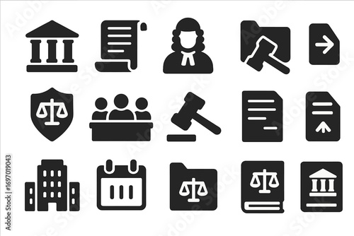 Appeals Court Icons. Solid style icons of appeals and higher courts: appeals court icon, appellate brief scroll, appellate judge