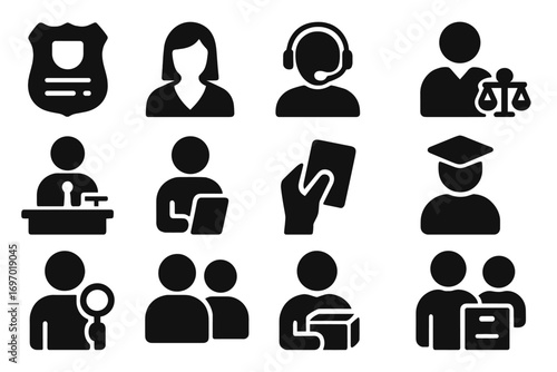 Legal Support Icons. Solid style icons of legal support roles in court: court stenographer badge, legal assistant figure,