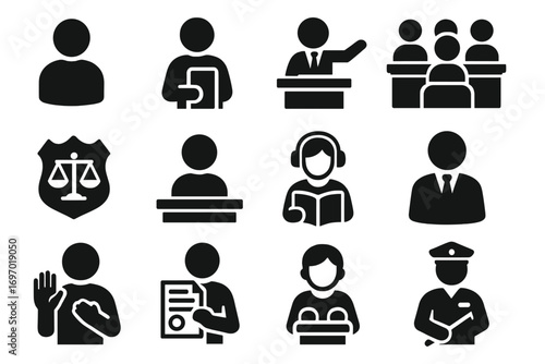 Courtroom Icons Collection. Solid style icons of court participants: defendant figure, plaintiff icon, lawyer presenting case,