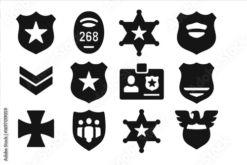 Police Badge Icons. Solid style icons of police badges and symbols: shield with star, badge with number, sheriff badge, police