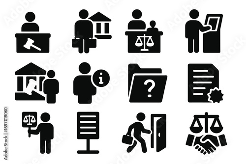Court Service Icons. Solid style icons of court-related public services: legal aid counter, public defender office icon, info desk