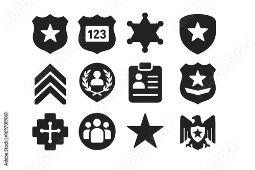 Police Badge Icons. Solid style icons of police badges and symbols: shield with star, badge with number, sheriff badge, police