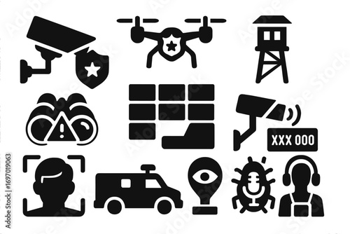 Surveillance and Monitoring Icons. Solid style icons of surveillance and monitoring: security camera with badge, police drone,