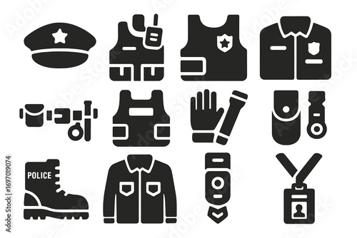 Police Gear Icons. Solid style icons of police gear and uniforms: officer cap, radio on vest, badge on uniform, duty belt with