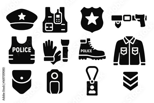 Police Gear Icons. Solid style icons of police gear and uniforms: officer cap, radio on vest, badge on uniform, duty belt with