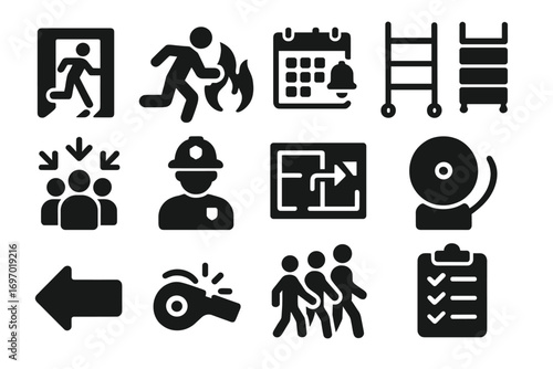 Fire Drill Icons. Solid style icons of fire drill and evacuation: emergency exit icon, person running from flames, drill calendar