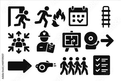 Fire Drill Icons. Solid style icons of fire drill and evacuation: emergency exit icon, person running from flames, drill calendar