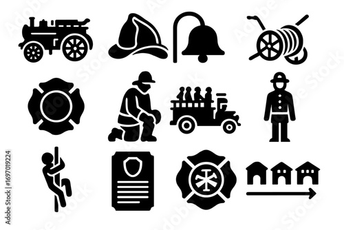 Historic Fire Services Icons. Solid style icons of historic and ceremonial fire services: vintage fire engine, antique fire helmet