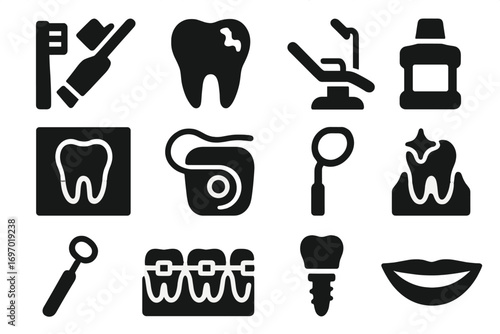Dental Care Icons. Solid style icons of dental care and hygiene: toothbrush and paste, tooth with cavity, dentist chair, dental