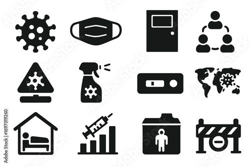 Pandemic Icons Set. Solid style icons of pandemic and outbreak response: virus symbol, face mask icon, quarantine door, contact