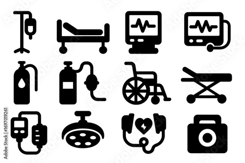 Hospital Equipment Icons. Solid style icons of hospital equipment: IV drip stand, hospital bed, medical monitor, heart rate