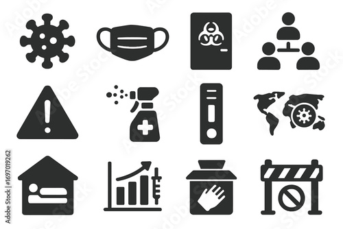 Pandemic Icons Set. Solid style icons of pandemic and outbreak response: virus symbol, face mask icon, quarantine door, contact