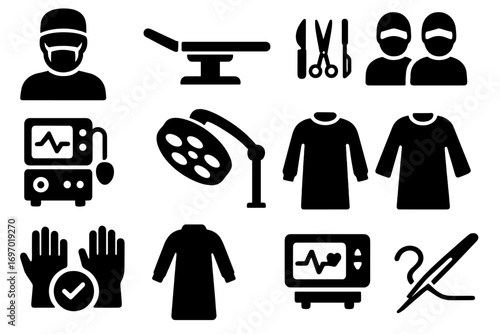 Surgery Icons Collection. Solid style icons of surgery and operating theater: surgeon with mask and cap, operation table, surgical