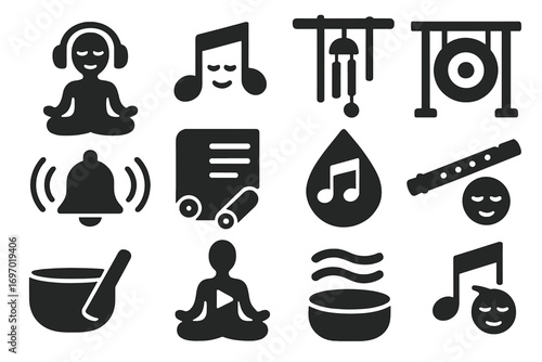 Yoga and Music Icons. Solid style icons of yoga and music: yoga with headphones, relaxing music note, chime bell icon, gong symbol