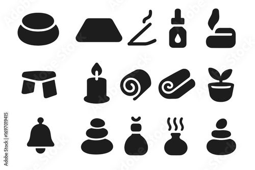Meditation Accessories Icons. Solid style icons of meditation accessories: meditation cushion, floor mat, incense stick holder,