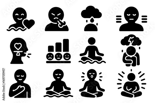 Emotion Icon Collection. Solid style icons of emotions and meditation: joy wave from heart, anger release breath, sadness cloud