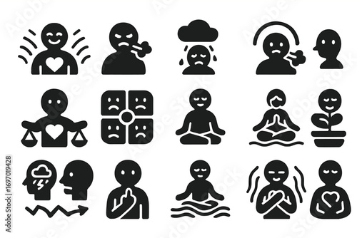 Emotion Icon Collection. Solid style icons of emotions and meditation: joy wave from heart, anger release breath, sadness cloud