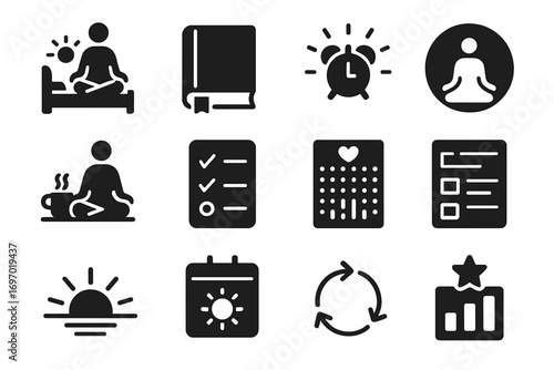 Meditation Habit Icons. Solid style icons of daily meditation habits: morning ritual icon, daily journal book, timer with rays,