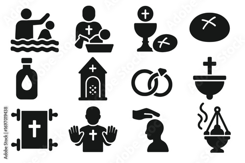 Christian Rituals Icons. Solid style icons of Christian rituals and sacraments: baptism by immersion, infant baptism, communion