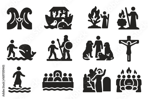 Biblical Stories Icon Set. Solid style icons of Bible stories: parting Red Sea, ark with animals, burning bush, Jonah and whale,