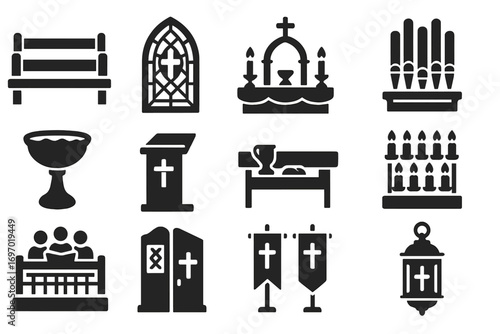 Church Interior Icons. Solid style icons of church interiors: wooden pews, stained glass window, high altar, pipe organ, baptismal