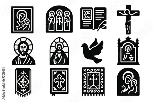 Christian Art Icons. Solid style icons of Christian art and decoration: painted icon, mural with saints, illuminated manuscript,
