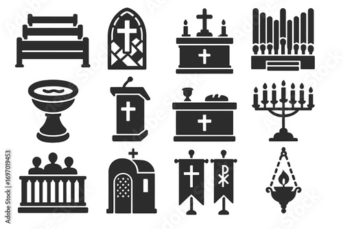 Church Interior Icons. Solid style icons of church interiors: wooden pews, stained glass window, high altar, pipe organ, baptismal