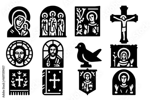 Christian Art Icons. Solid style icons of Christian art and decoration: painted icon, mural with saints, illuminated manuscript,