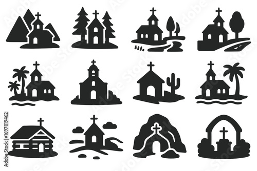 Church Icon Set. Solid style icons of small churches and chapels: mountain chapel, forest shrine, riverside church, roadside