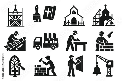 Church Restoration Icons. Solid style icons of church construction and restoration: scaffolded steeple, paintbrush and cross,