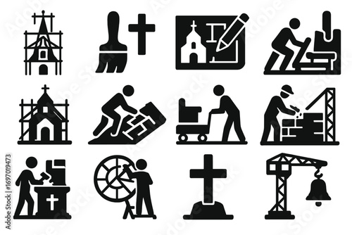 Church Restoration Icons. Solid style icons of church construction and restoration: scaffolded steeple, paintbrush and cross,