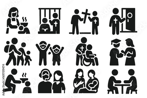 Church Outreach Icons. Solid style icons of church outreach ministries: soup kitchen, prison ministry, street evangelism,