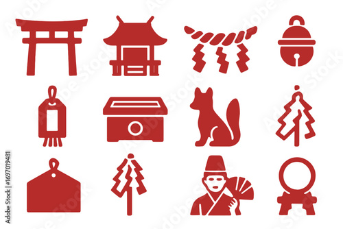 Shinto Shrine Icons. Solid style icons of Shinto shrines: red torii gate, shrine building, shimenawa rope, purification fountain,