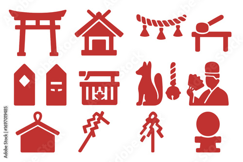 Shinto Shrine Icons. Solid style icons of Shinto shrines: red torii gate, shrine building, shimenawa rope, purification fountain,