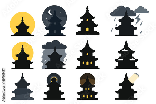 Temple Time Icons. Solid style icons of temple during different times: sunrise silhouette, moonlit temple, temple at dusk, golden